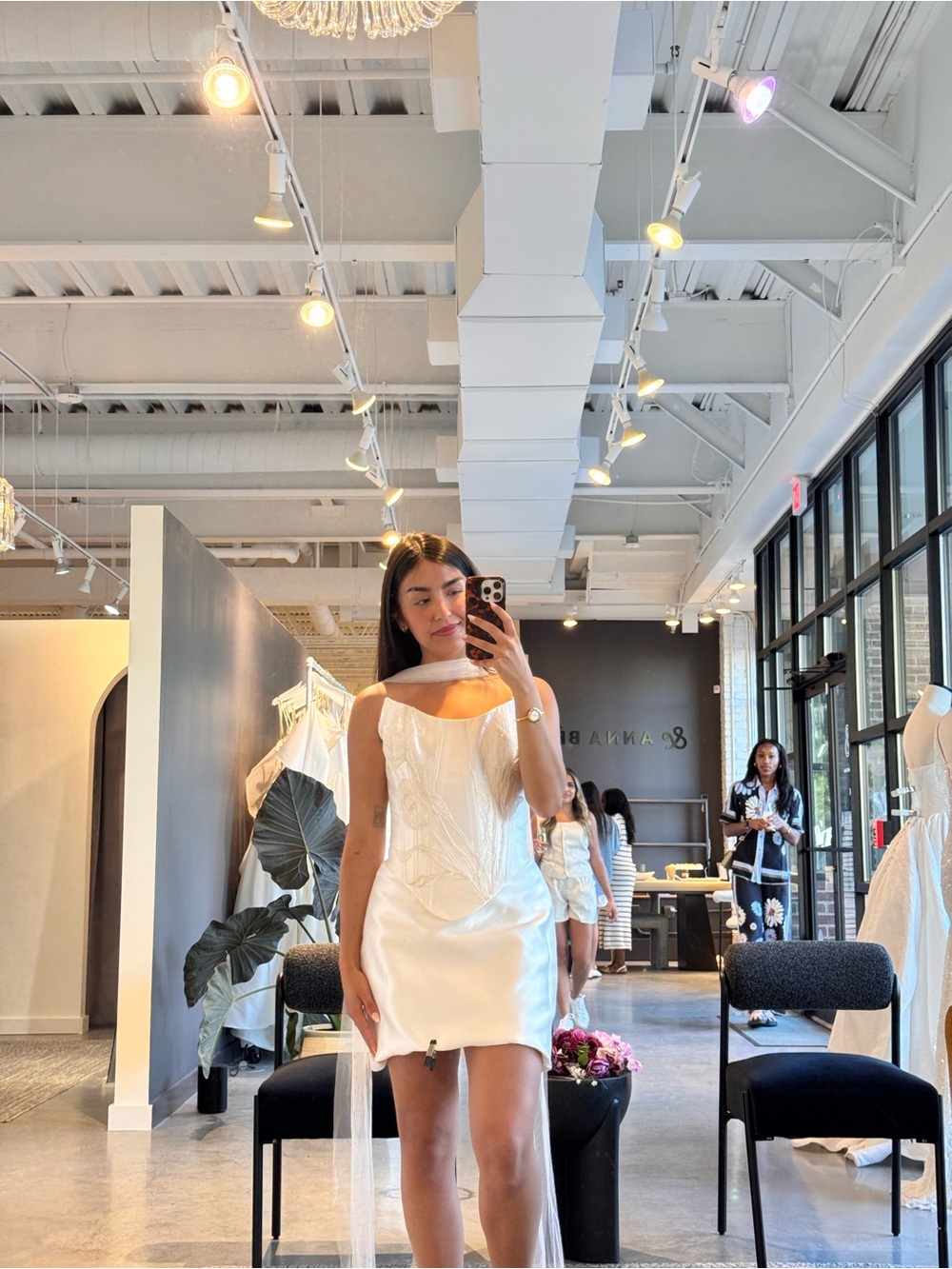 White Off-Shoulder Mini Dress with Sheer Train